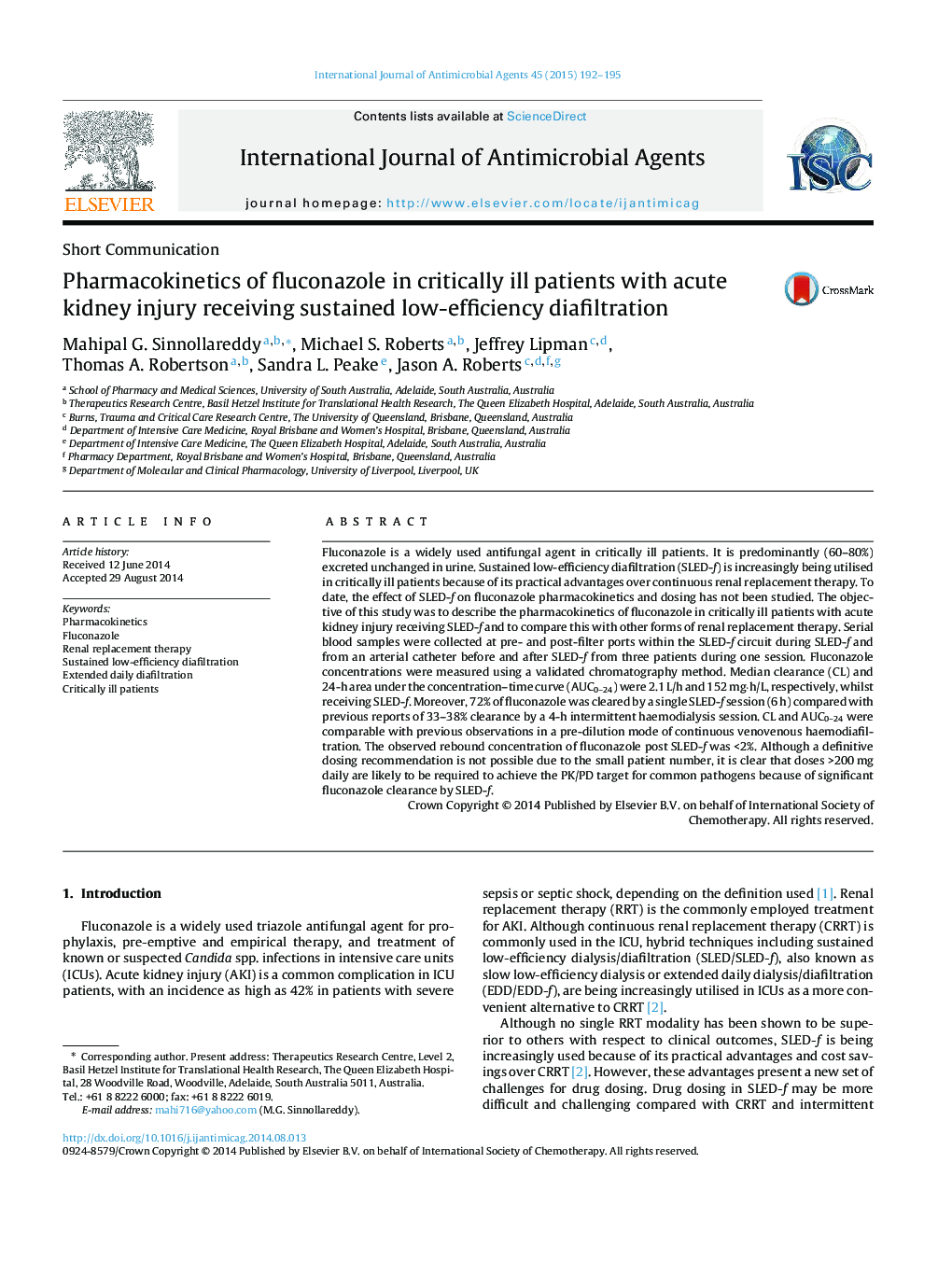 Pharmacokinetics of fluconazole in critically ill patients with acute kidney injury receiving sustained low-efficiency diafiltration