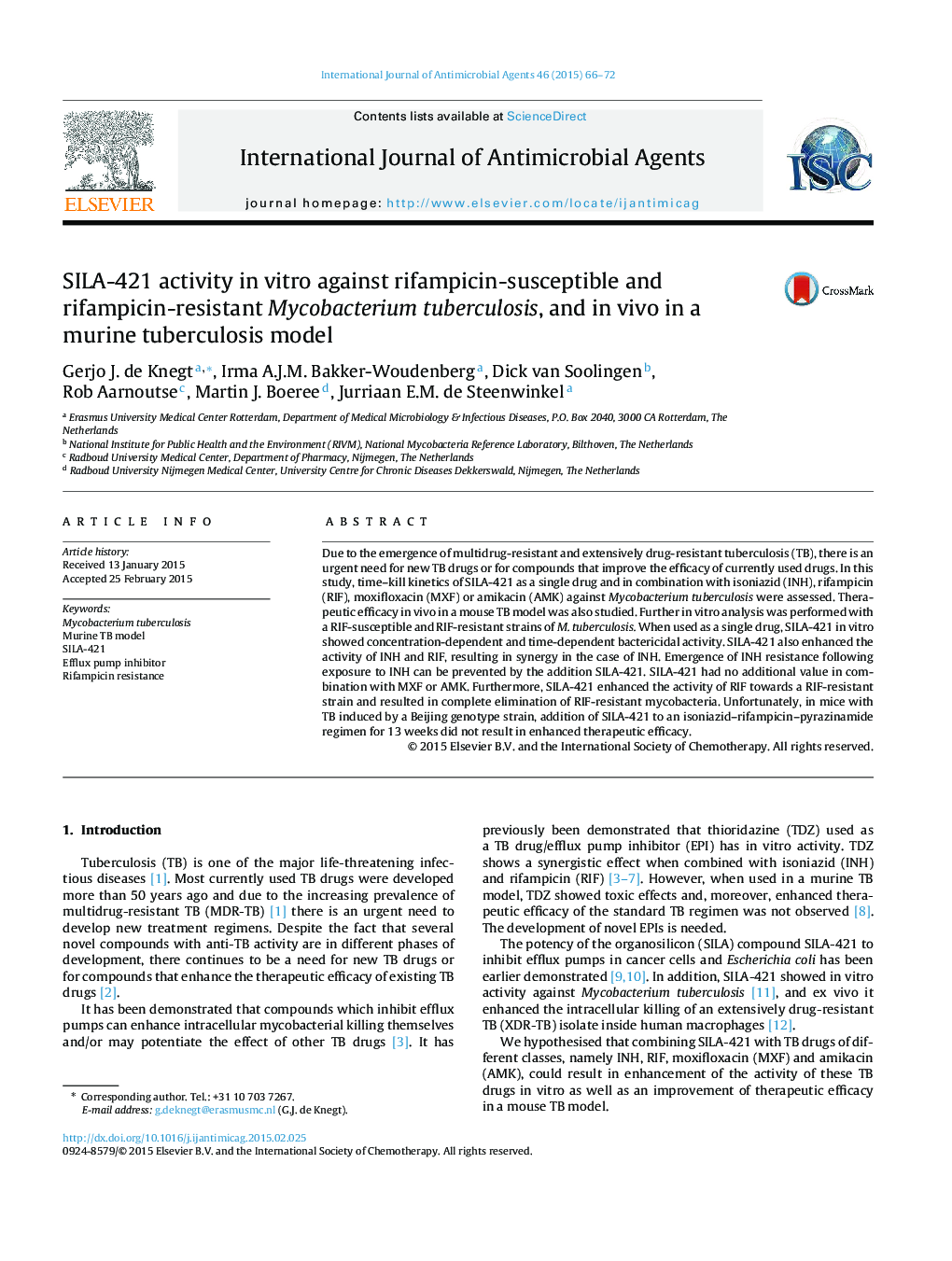 SILA-421 activity in vitro against rifampicin-susceptible and rifampicin-resistant Mycobacterium tuberculosis, and in vivo in a murine tuberculosis model