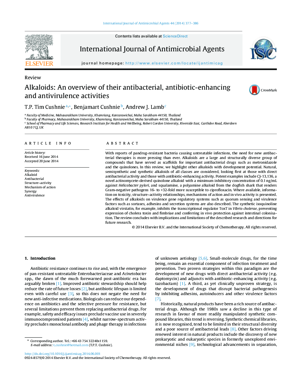 Alkaloids: An overview of their antibacterial, antibiotic-enhancing and antivirulence activities