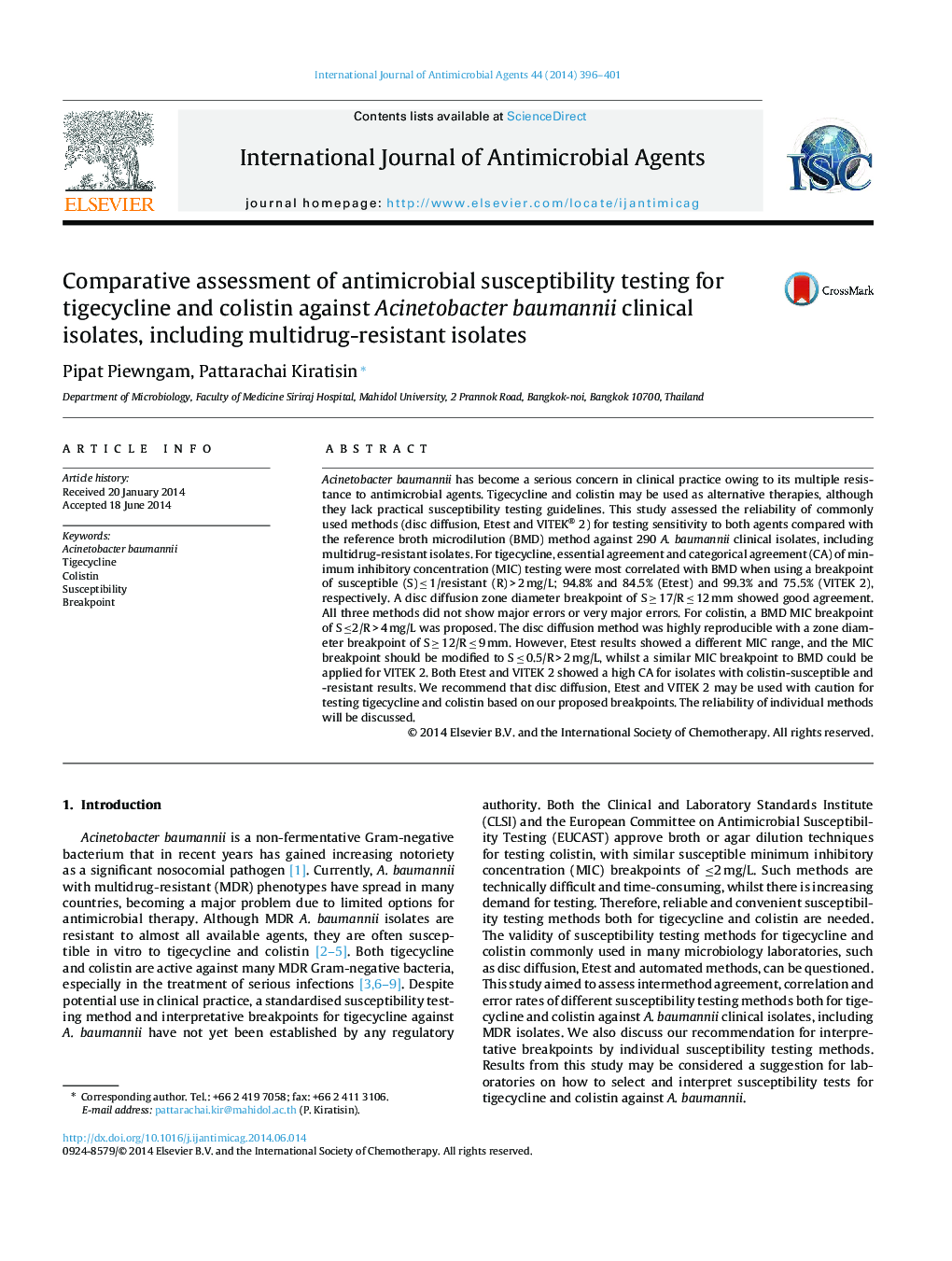 Comparative assessment of antimicrobial susceptibility testing for tigecycline and colistin against Acinetobacter baumannii clinical isolates, including multidrug-resistant isolates