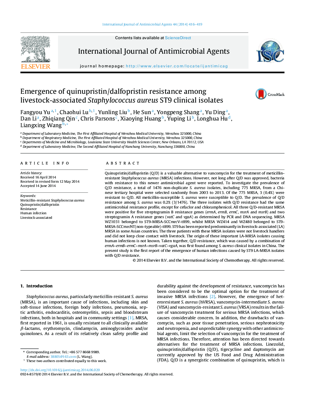 Emergence of quinupristin/dalfopristin resistance among livestock-associated Staphylococcus aureus ST9 clinical isolates