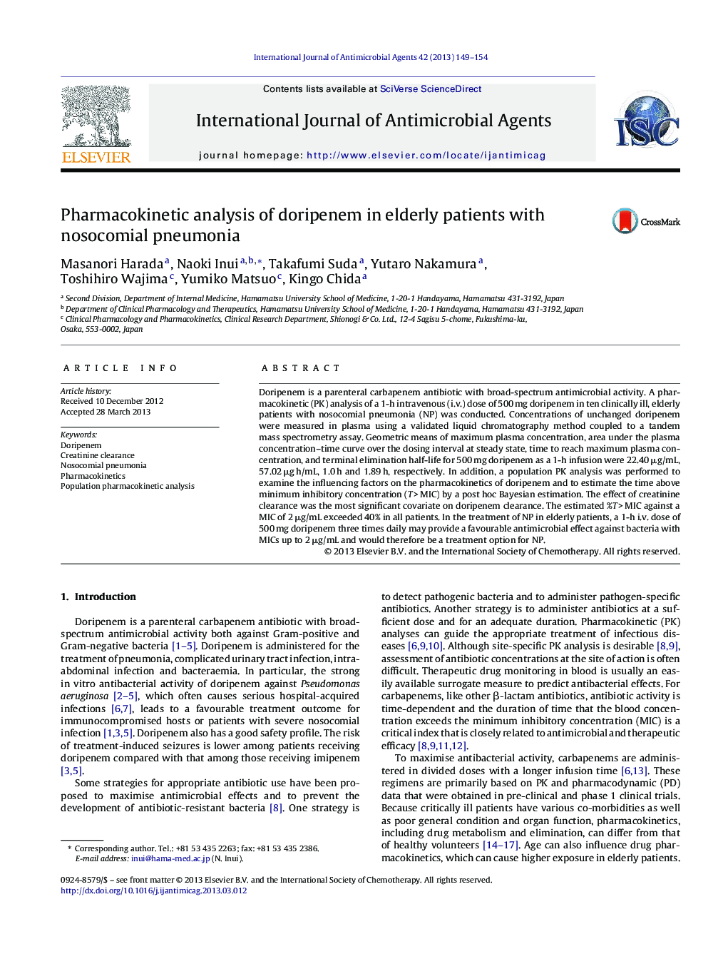 Pharmacokinetic analysis of doripenem in elderly patients with nosocomial pneumonia