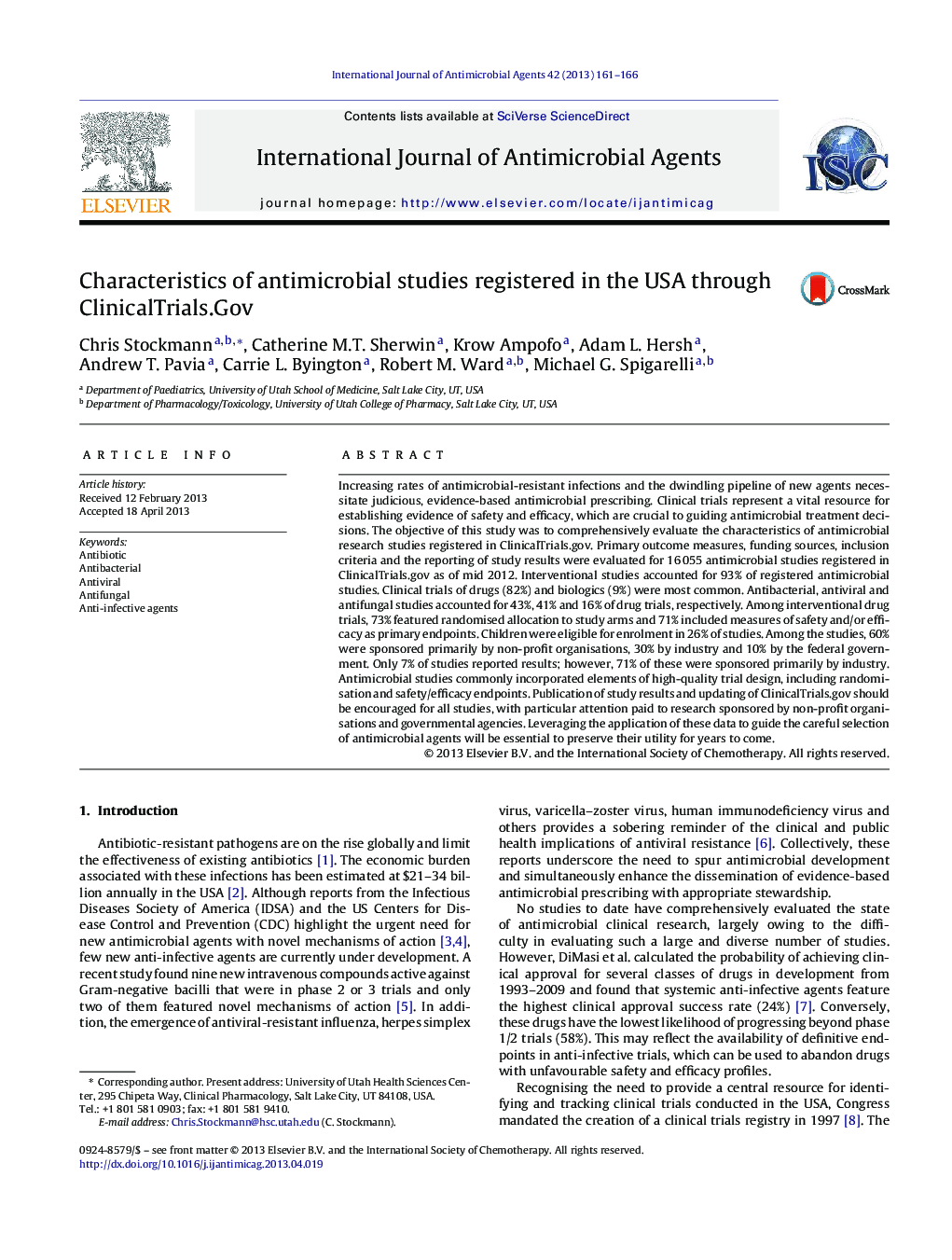 Characteristics of antimicrobial studies registered in the USA through ClinicalTrials.Gov