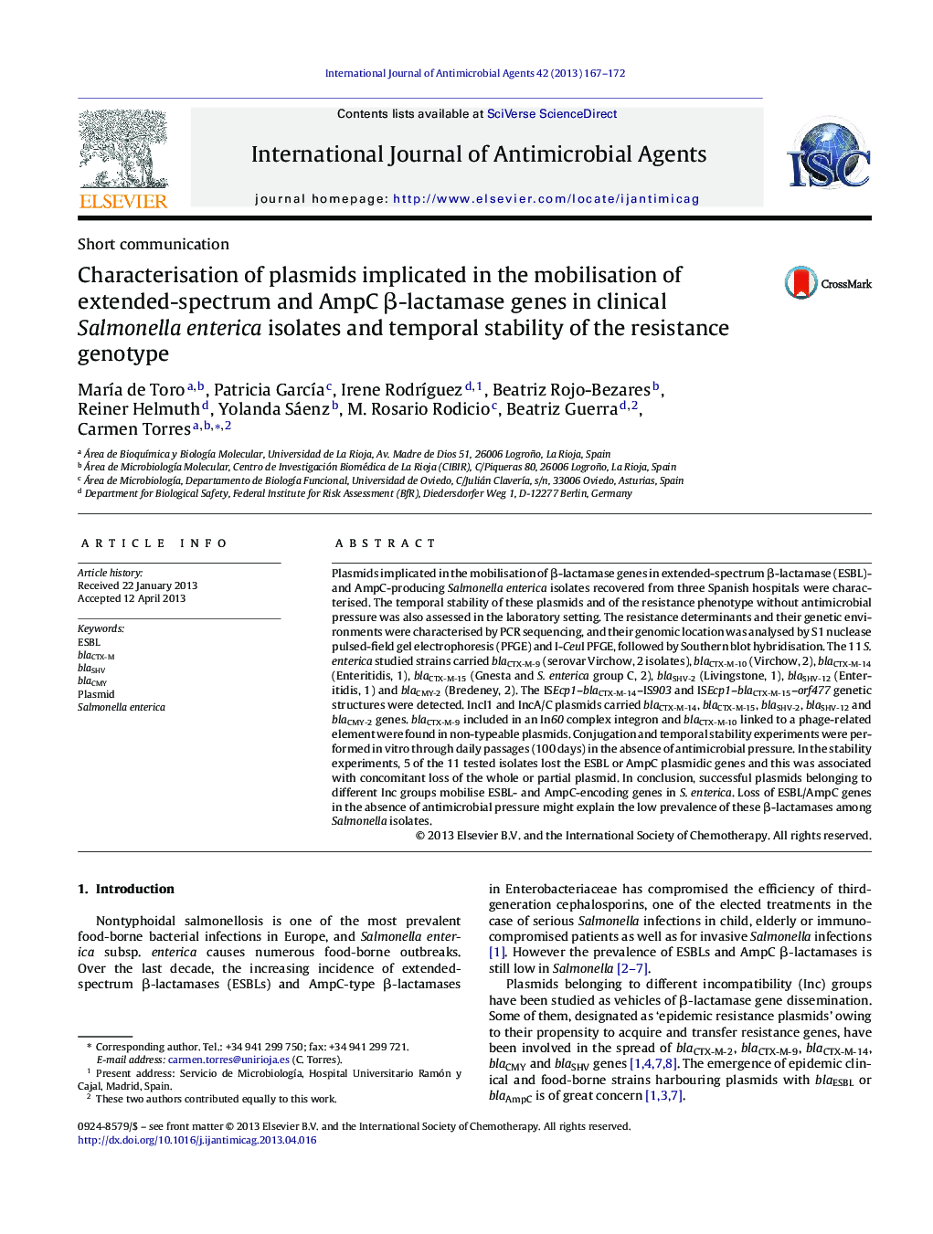 Characterisation of plasmids implicated in the mobilisation of extended-spectrum and AmpC β-lactamase genes in clinical Salmonella enterica isolates and temporal stability of the resistance genotype