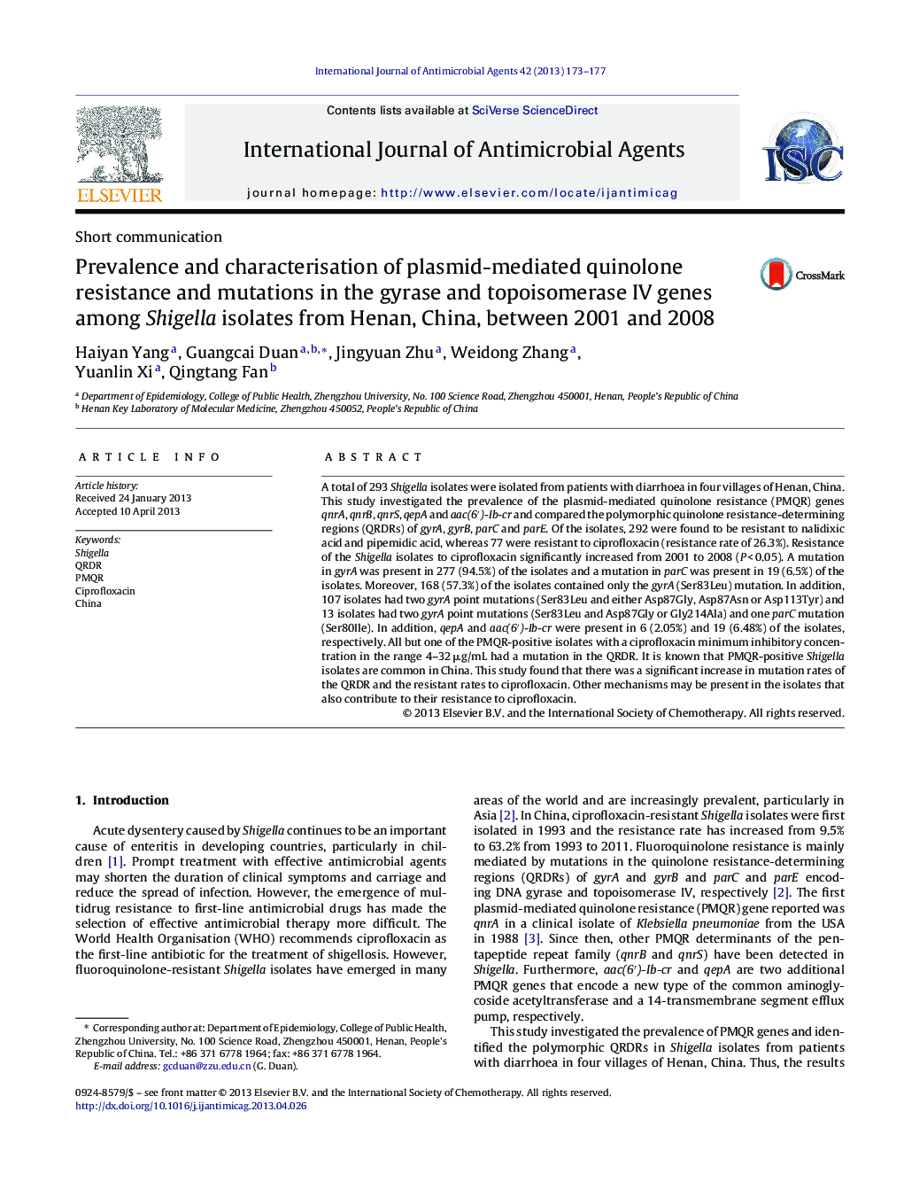 Prevalence and characterisation of plasmid-mediated quinolone resistance and mutations in the gyrase and topoisomerase IV genes among Shigella isolates from Henan, China, between 2001 and 2008