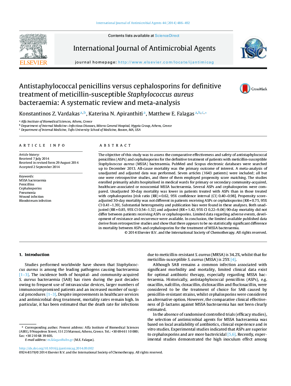 پنی سیلین های آنتی استافیلوکوک در مقایسه با سفالوسپورین ها برای درمان قطعی استافیلوکوک اورئوس باکتریمای حساس به متیسیلین: یک بررسی سیستماتیک و متاآنالیز 