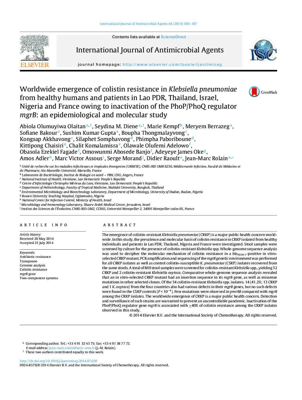 Worldwide emergence of colistin resistance in Klebsiella pneumoniae from healthy humans and patients in Lao PDR, Thailand, Israel, Nigeria and France owing to inactivation of the PhoP/PhoQ regulator mgrB: an epidemiological and molecular study