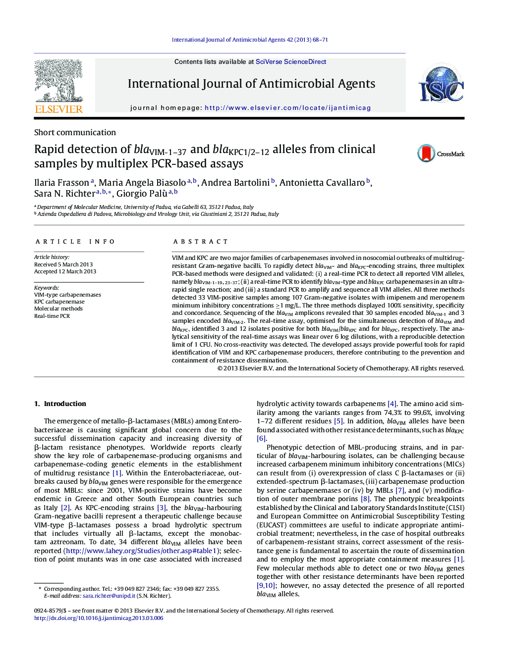 Rapid detection of blaVIM-1–37 and blaKPC1/2–12 alleles from clinical samples by multiplex PCR-based assays