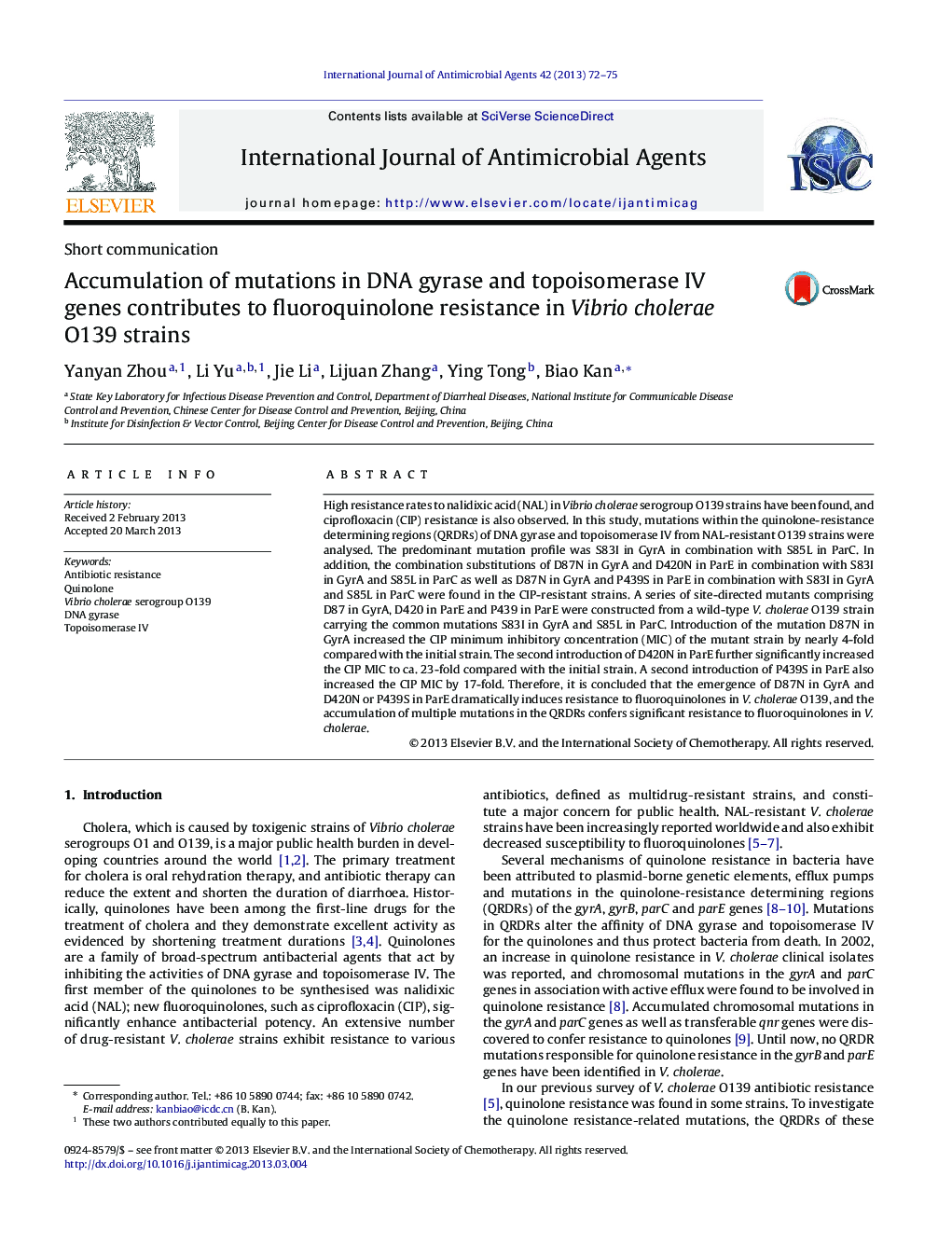 Accumulation of mutations in DNA gyrase and topoisomerase IV genes contributes to fluoroquinolone resistance in Vibrio cholerae O139 strains