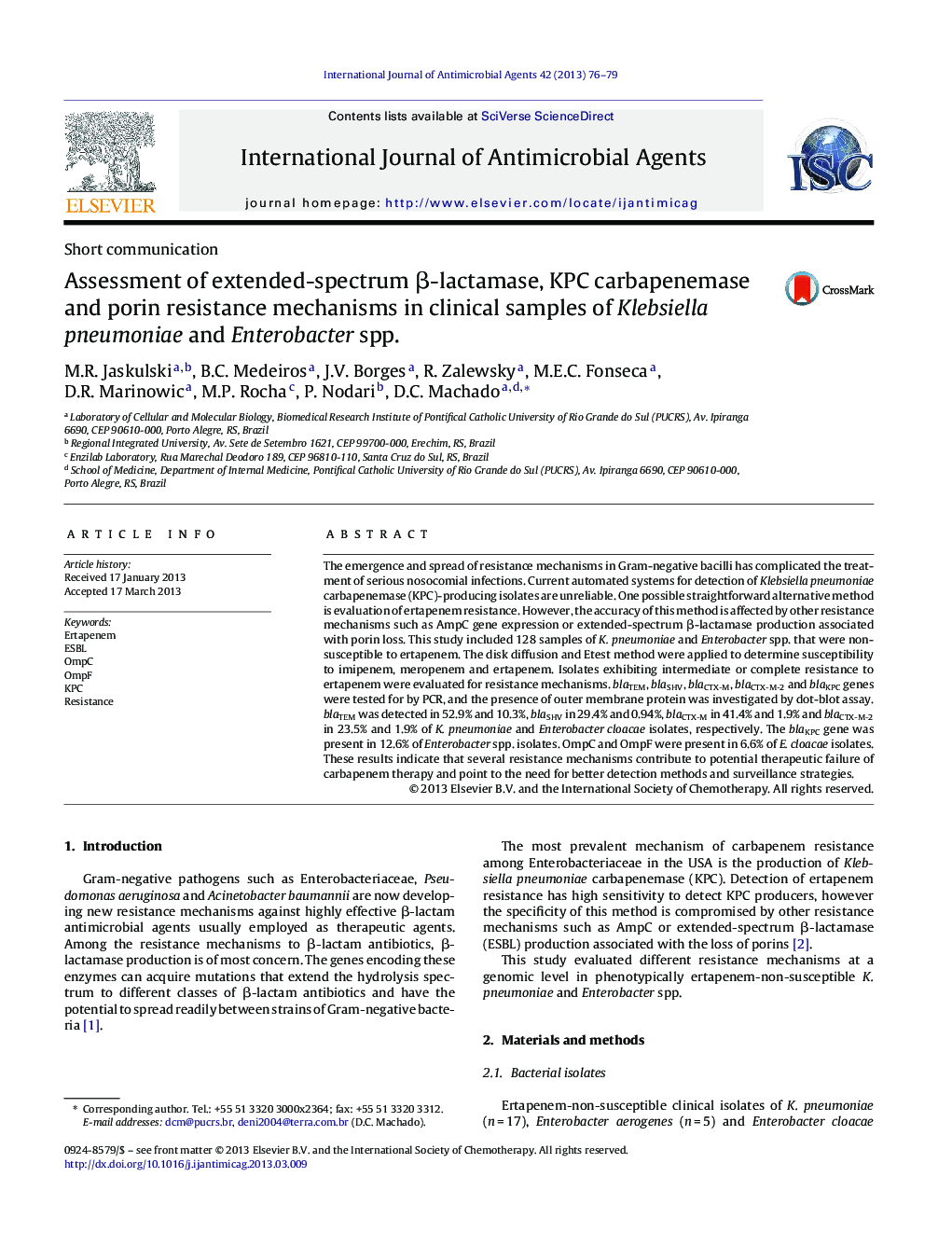 Assessment of extended-spectrum β-lactamase, KPC carbapenemase and porin resistance mechanisms in clinical samples of Klebsiella pneumoniae and Enterobacter spp.