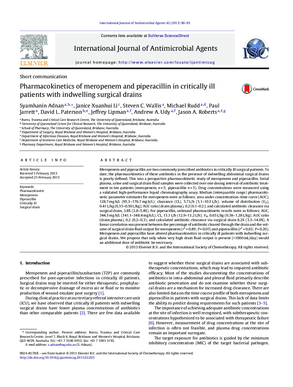 Pharmacokinetics of meropenem and piperacillin in critically ill patients with indwelling surgical drains