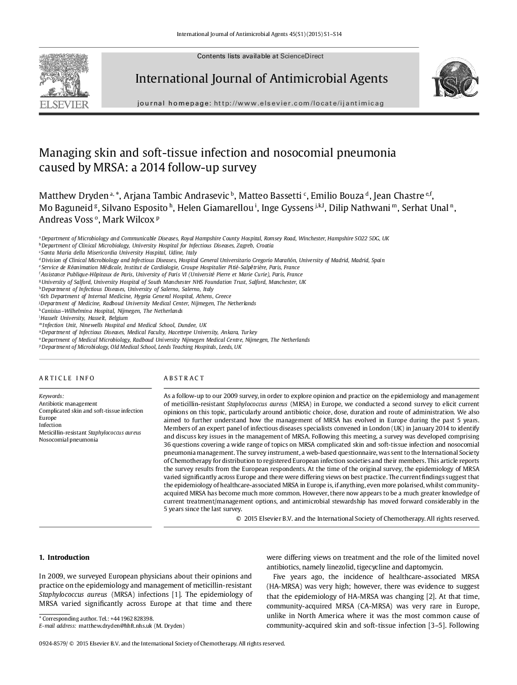 Managing skin and soft-tissue infection and nosocomial pneumonia caused by MRSA: a 2014 follow-up survey