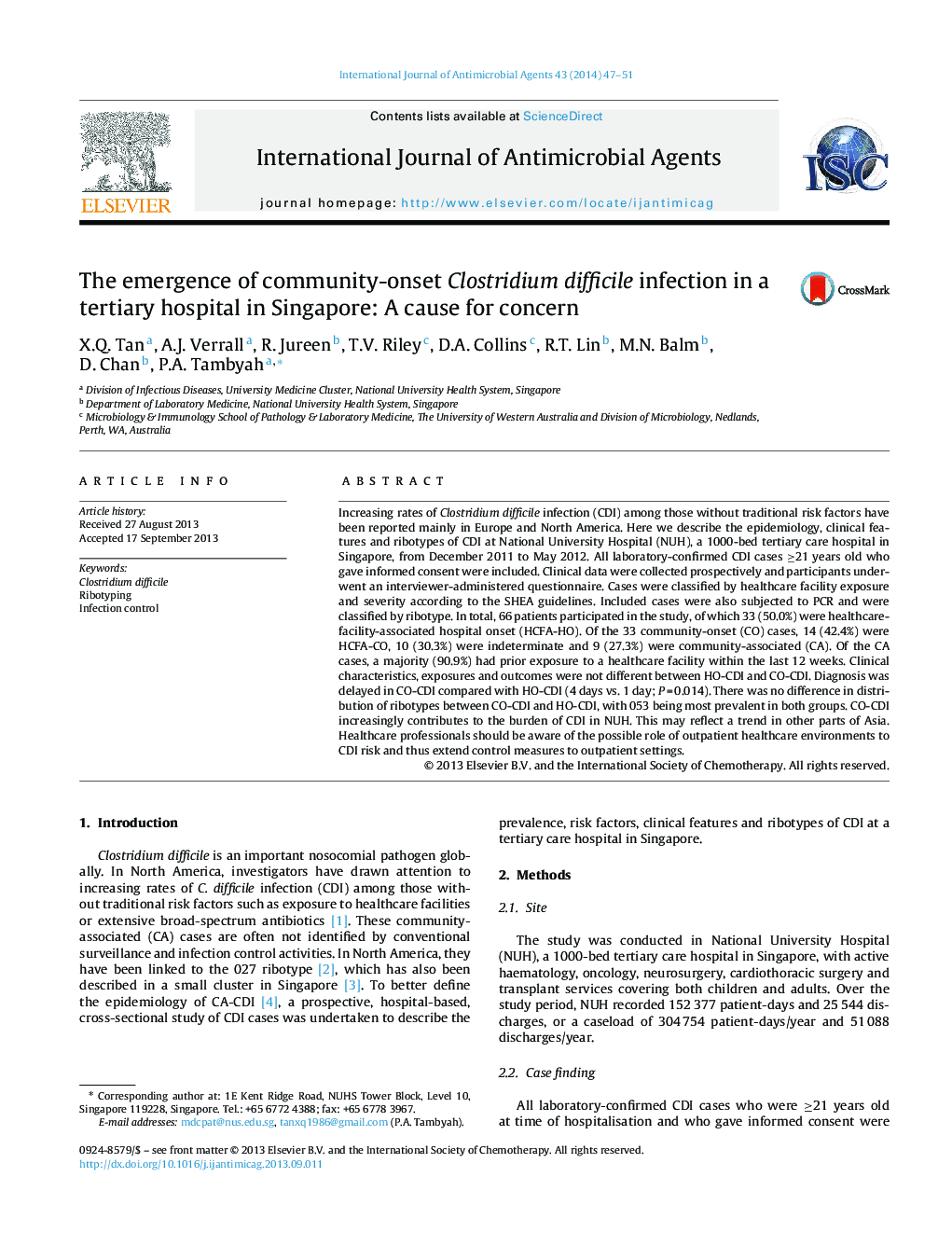 The emergence of community-onset Clostridium difficile infection in a tertiary hospital in Singapore: A cause for concern