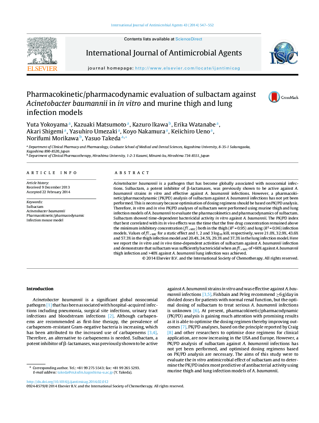 Pharmacokinetic/pharmacodynamic evaluation of sulbactam against Acinetobacter baumannii in in vitro and murine thigh and lung infection models