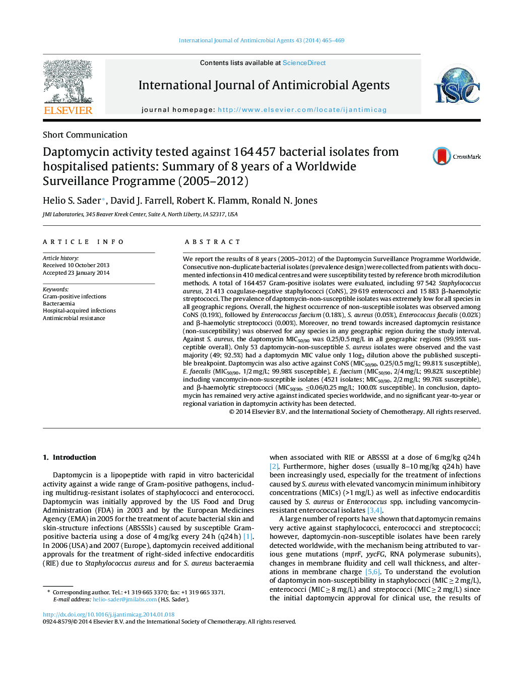 Daptomycin activity tested against 164 457 bacterial isolates from hospitalised patients: Summary of 8 years of a Worldwide Surveillance Programme (2005–2012)