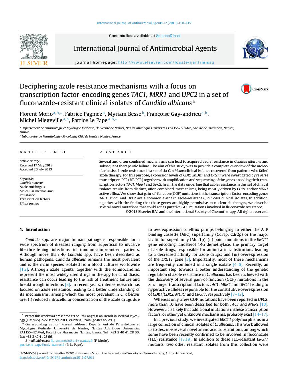 Deciphering azole resistance mechanisms with a focus on transcription factor-encoding genes TAC1, MRR1 and UPC2 in a set of fluconazole-resistant clinical isolates of Candida albicans 