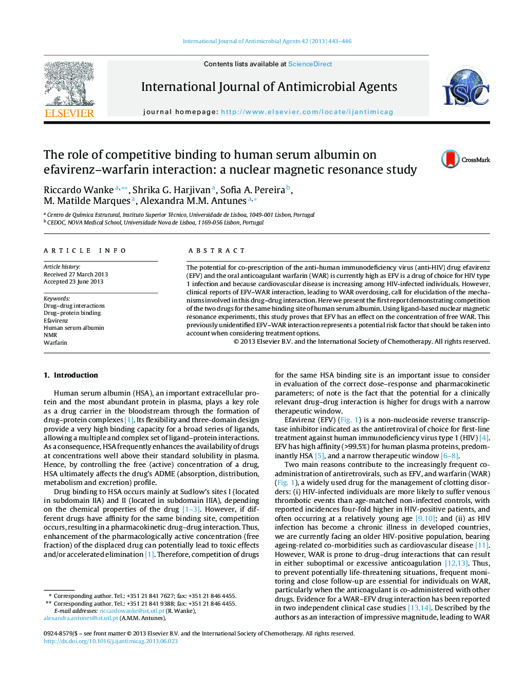 The role of competitive binding to human serum albumin on efavirenz–warfarin interaction: a nuclear magnetic resonance study