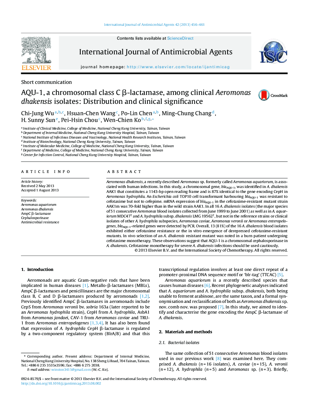 AQU-1, a chromosomal class C β-lactamase, among clinical Aeromonas dhakensis isolates: Distribution and clinical significance