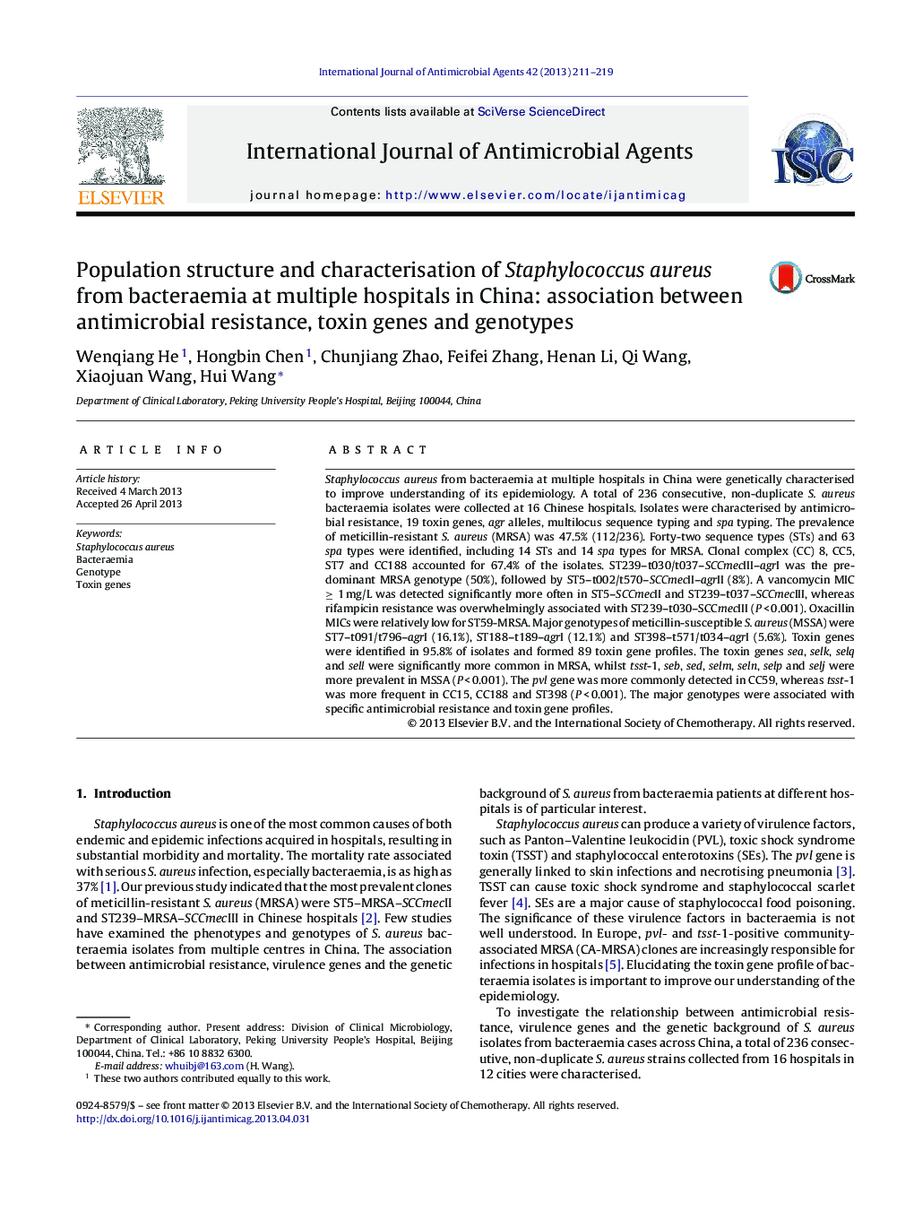 Population structure and characterisation of Staphylococcus aureus from bacteraemia at multiple hospitals in China: association between antimicrobial resistance, toxin genes and genotypes