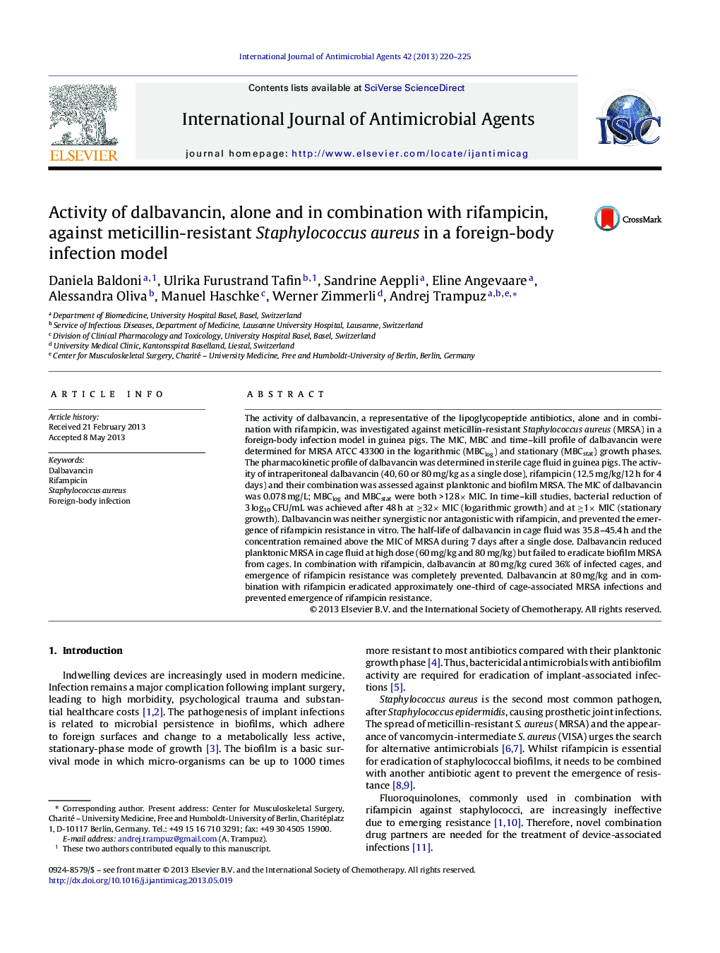 Activity of dalbavancin, alone and in combination with rifampicin, against meticillin-resistant Staphylococcus aureus in a foreign-body infection model