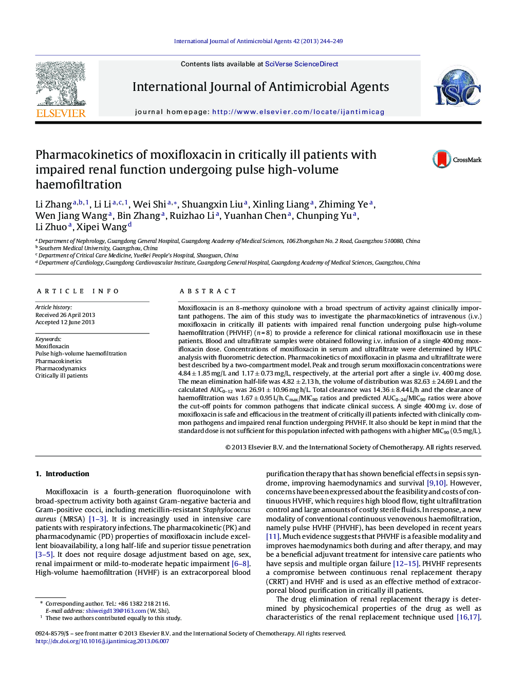 Pharmacokinetics of moxifloxacin in critically ill patients with impaired renal function undergoing pulse high-volume haemofiltration