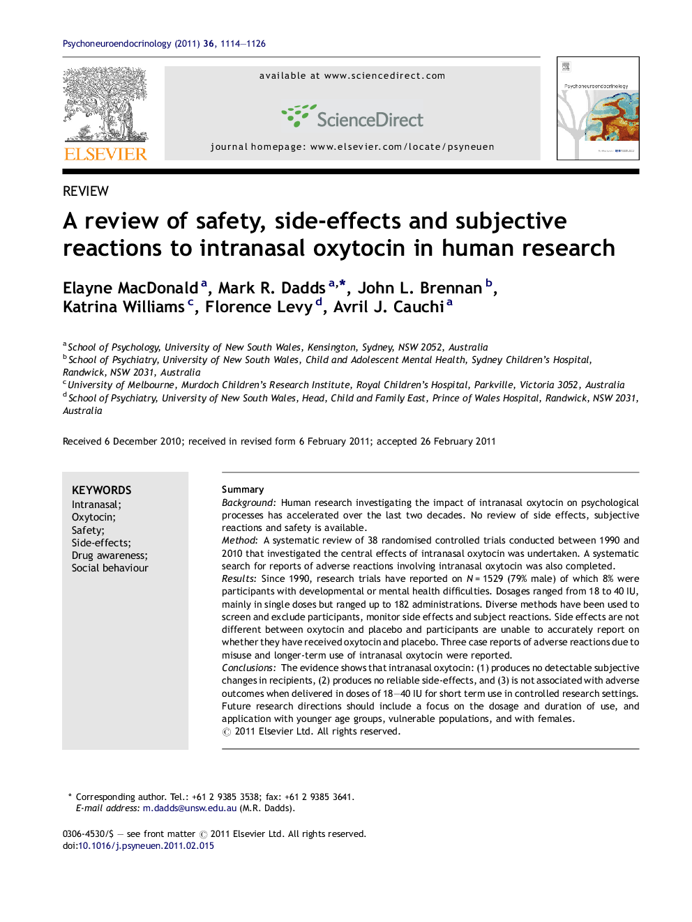 A review of safety, side-effects and subjective reactions to intranasal oxytocin in human research