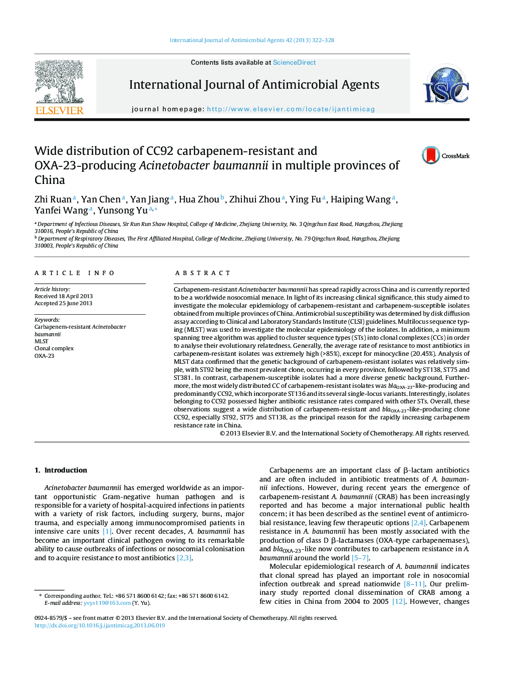 Wide distribution of CC92 carbapenem-resistant and OXA-23-producing Acinetobacter baumannii in multiple provinces of China