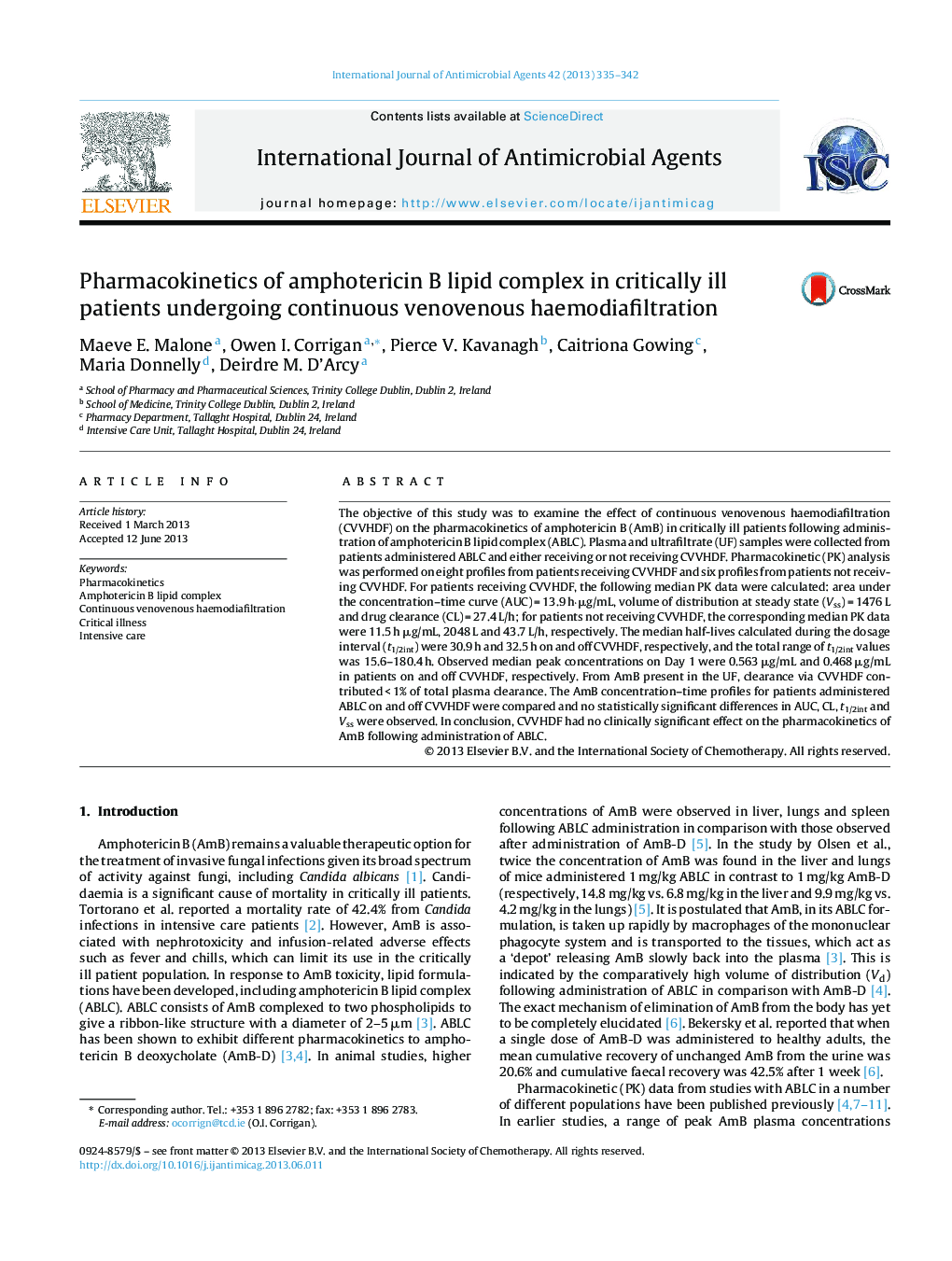 Pharmacokinetics of amphotericin B lipid complex in critically ill patients undergoing continuous venovenous haemodiafiltration