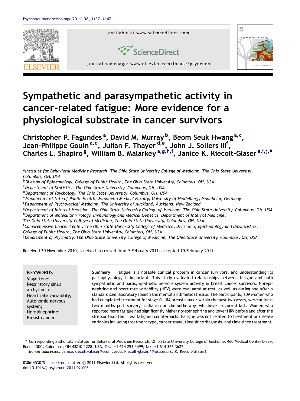 Sympathetic and parasympathetic activity in cancer-related fatigue: More evidence for a physiological substrate in cancer survivors