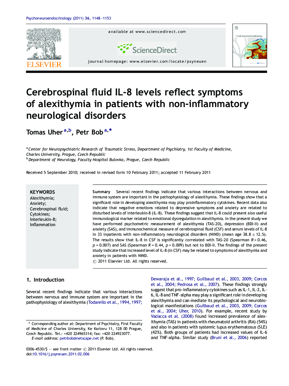 Cerebrospinal fluid IL-8 levels reflect symptoms of alexithymia in patients with non-inflammatory neurological disorders