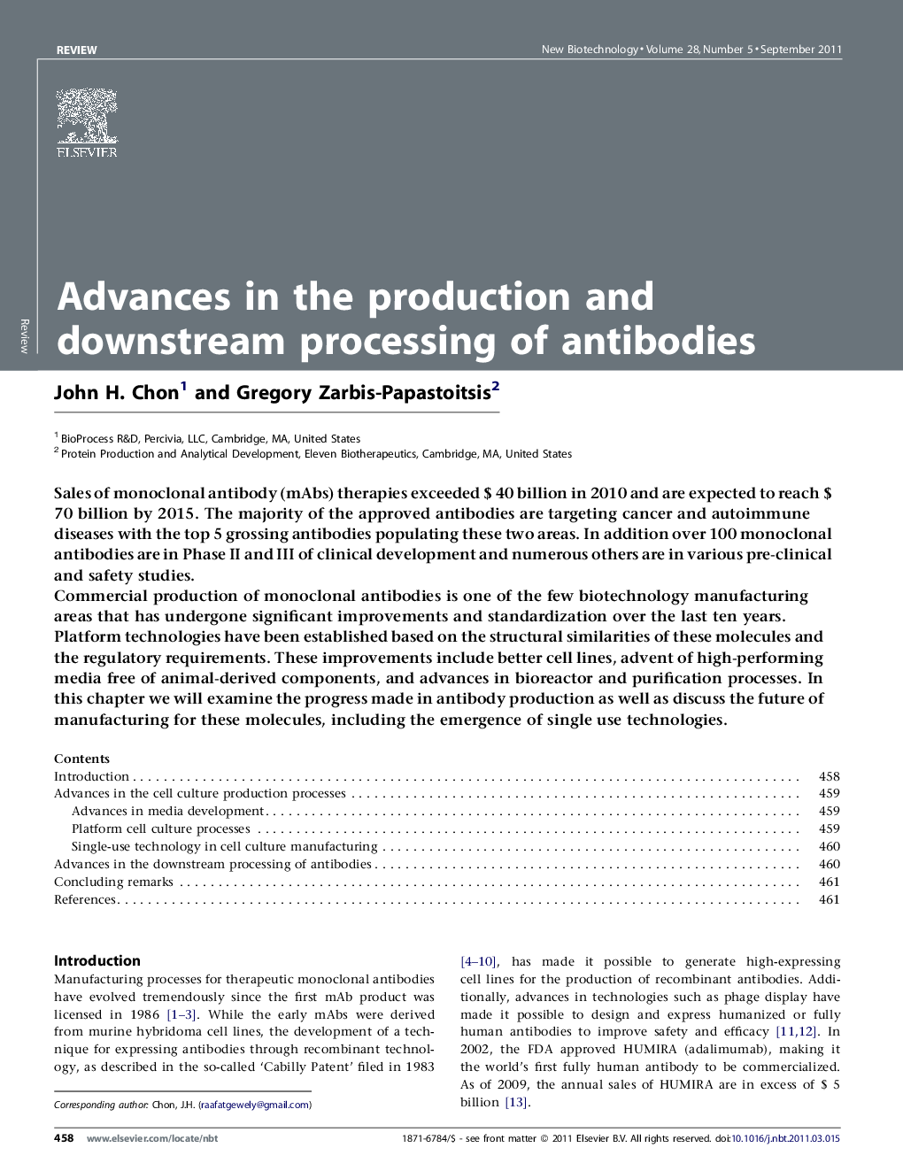 Advances in the production and downstream processing of antibodies