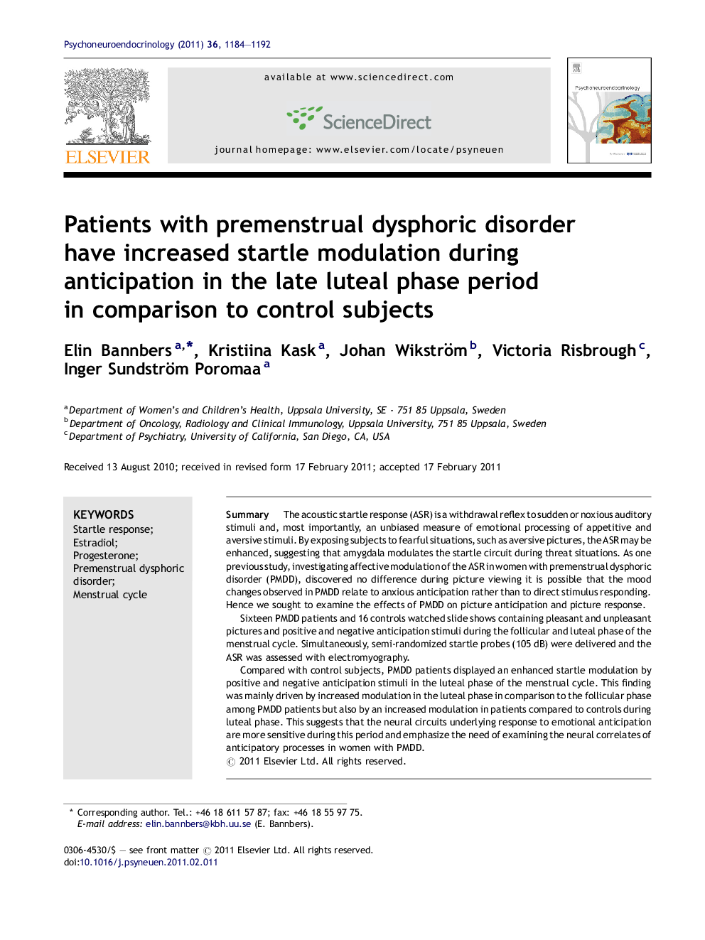 Patients with premenstrual dysphoric disorder have increased startle modulation during anticipation in the late luteal phase period in comparison to control subjects