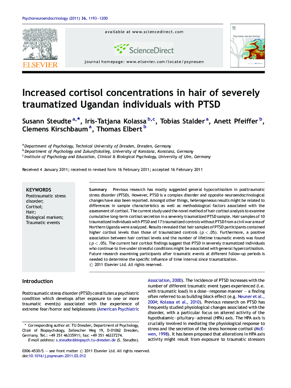 Increased cortisol concentrations in hair of severely traumatized Ugandan individuals with PTSD