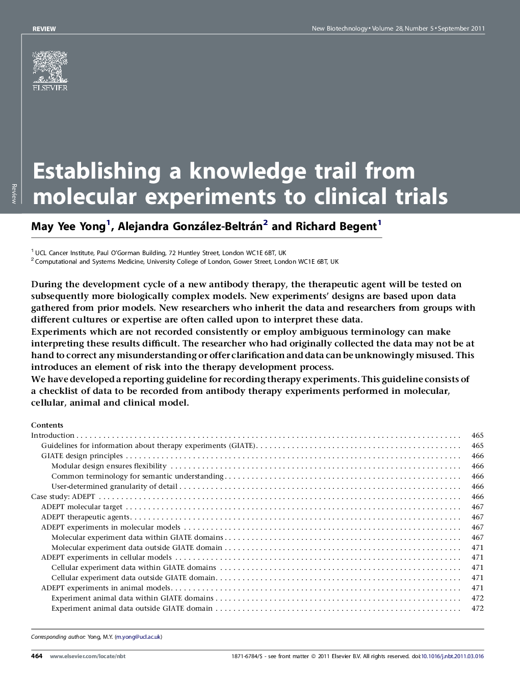 عکس صفحه اول مقاله: Establishing a knowledge trail from molecular experiments to clinical trials Establishing a knowledge trail from molecular experiments to clinical trials
