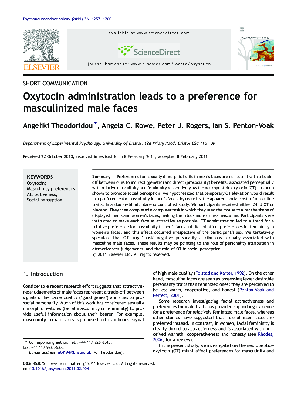 Oxytocin administration leads to a preference for masculinized male faces