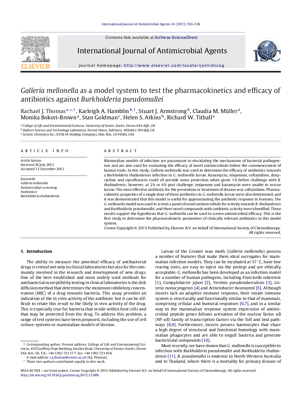 Galleria mellonella as a model system to test the pharmacokinetics and efficacy of antibiotics against Burkholderia pseudomallei