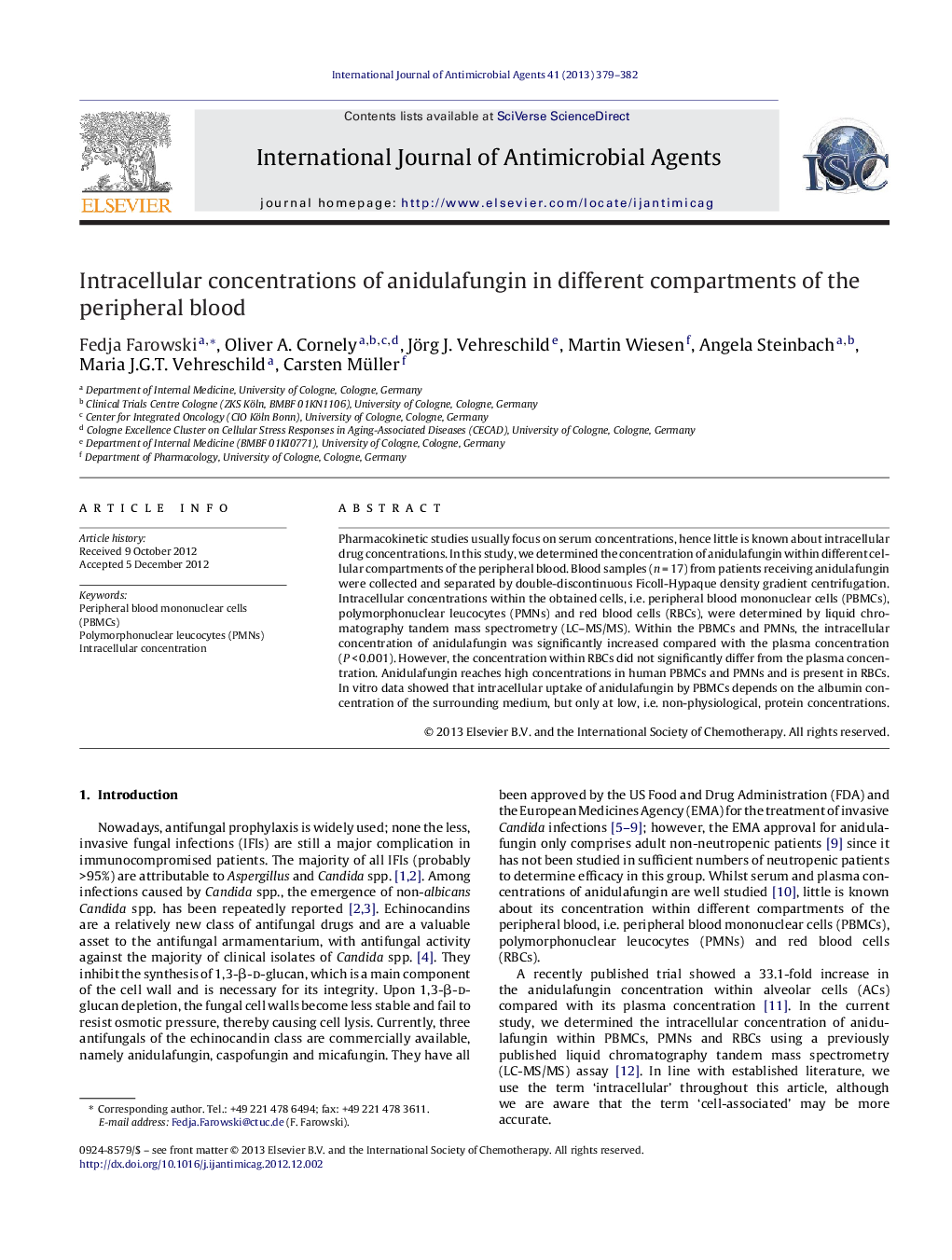 Intracellular concentrations of anidulafungin in different compartments of the peripheral blood