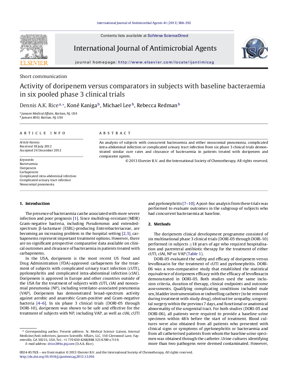 Activity of doripenem versus comparators in subjects with baseline bacteraemia in six pooled phase 3 clinical trials