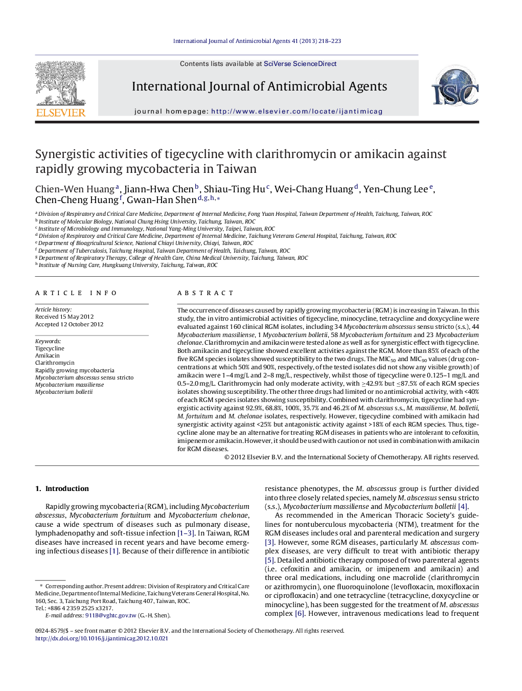 Synergistic activities of tigecycline with clarithromycin or amikacin against rapidly growing mycobacteria in Taiwan