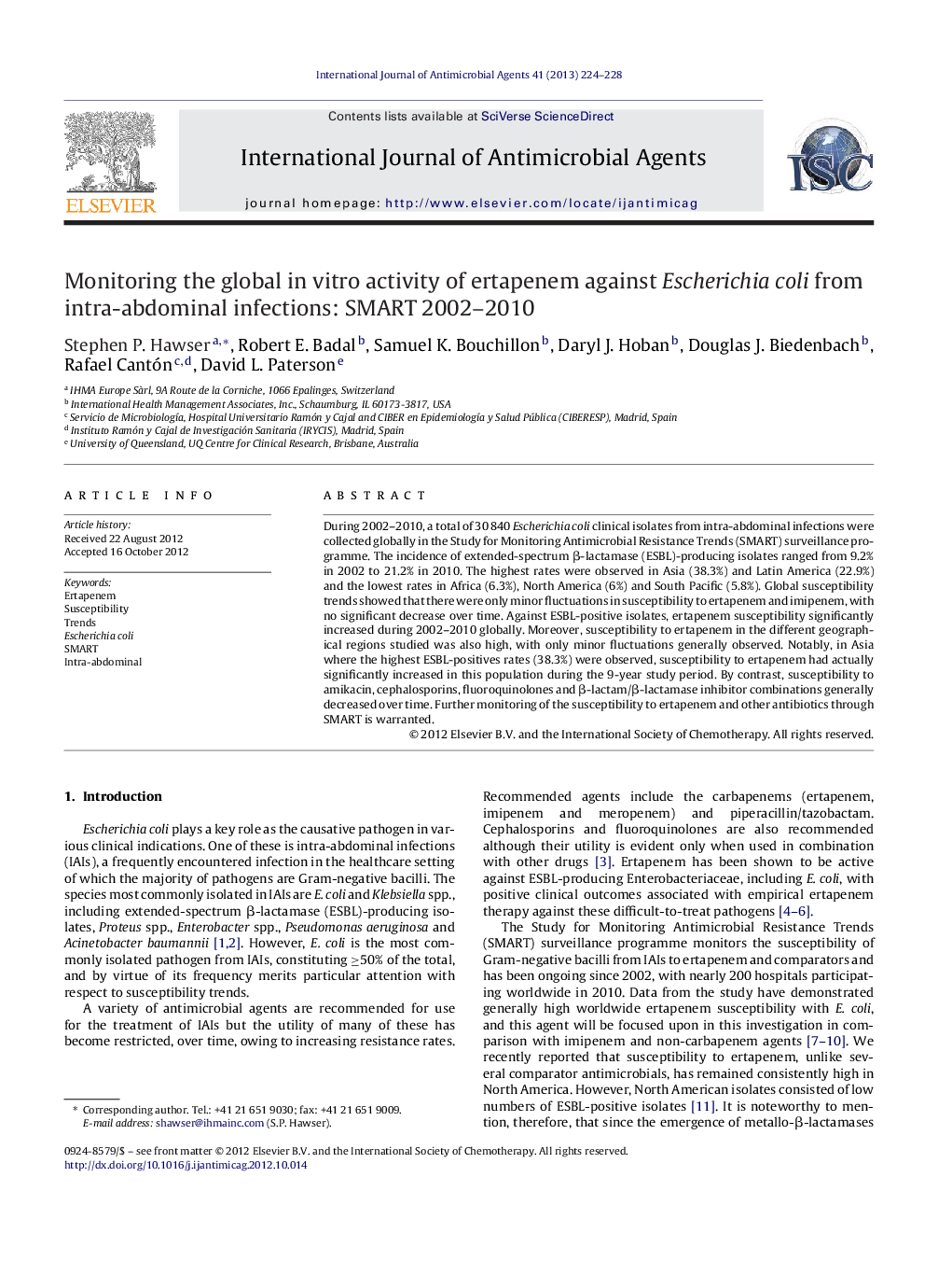 Monitoring the global in vitro activity of ertapenem against Escherichia coli from intra-abdominal infections: SMART 2002–2010