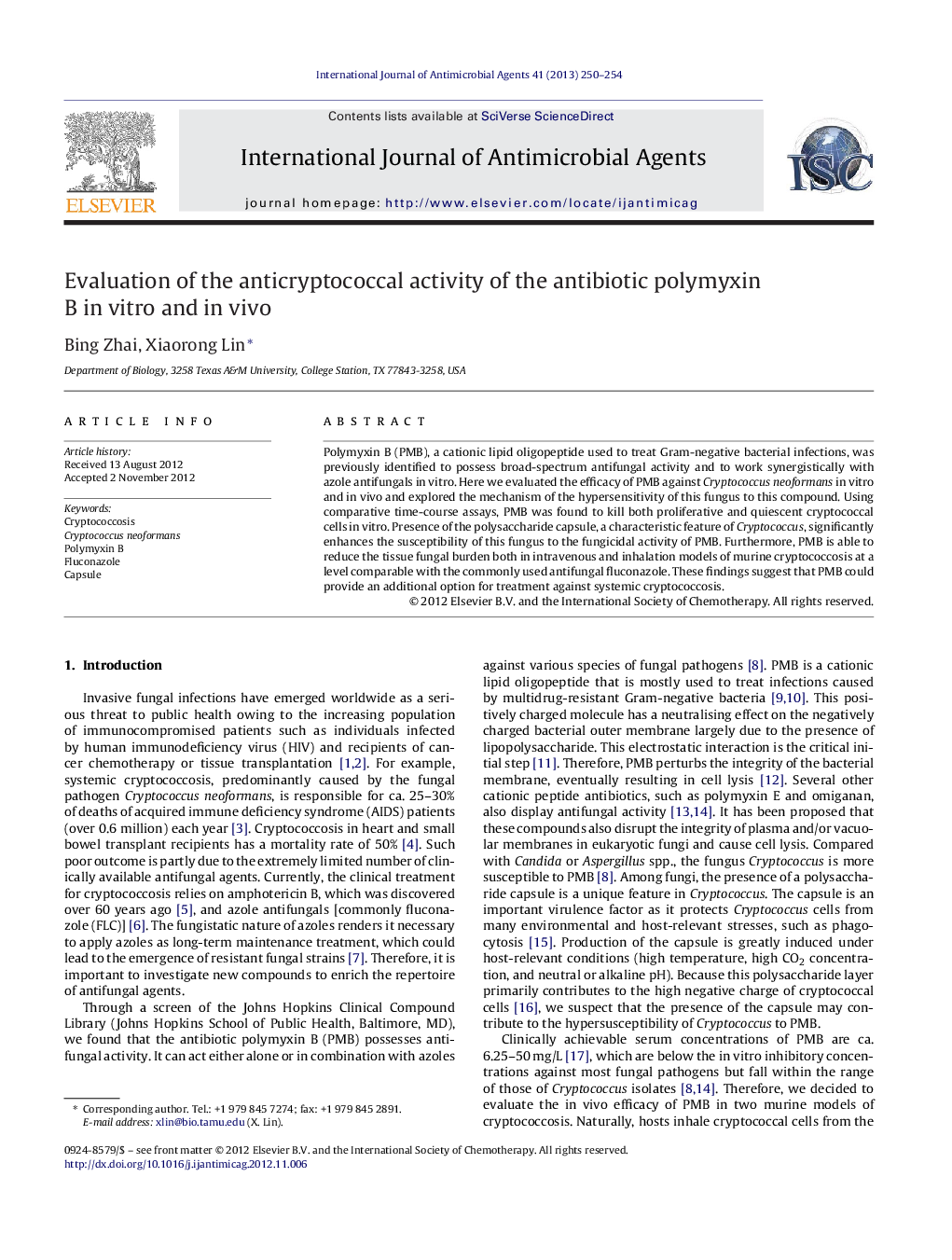 Evaluation of the anticryptococcal activity of the antibiotic polymyxin B in vitro and in vivo