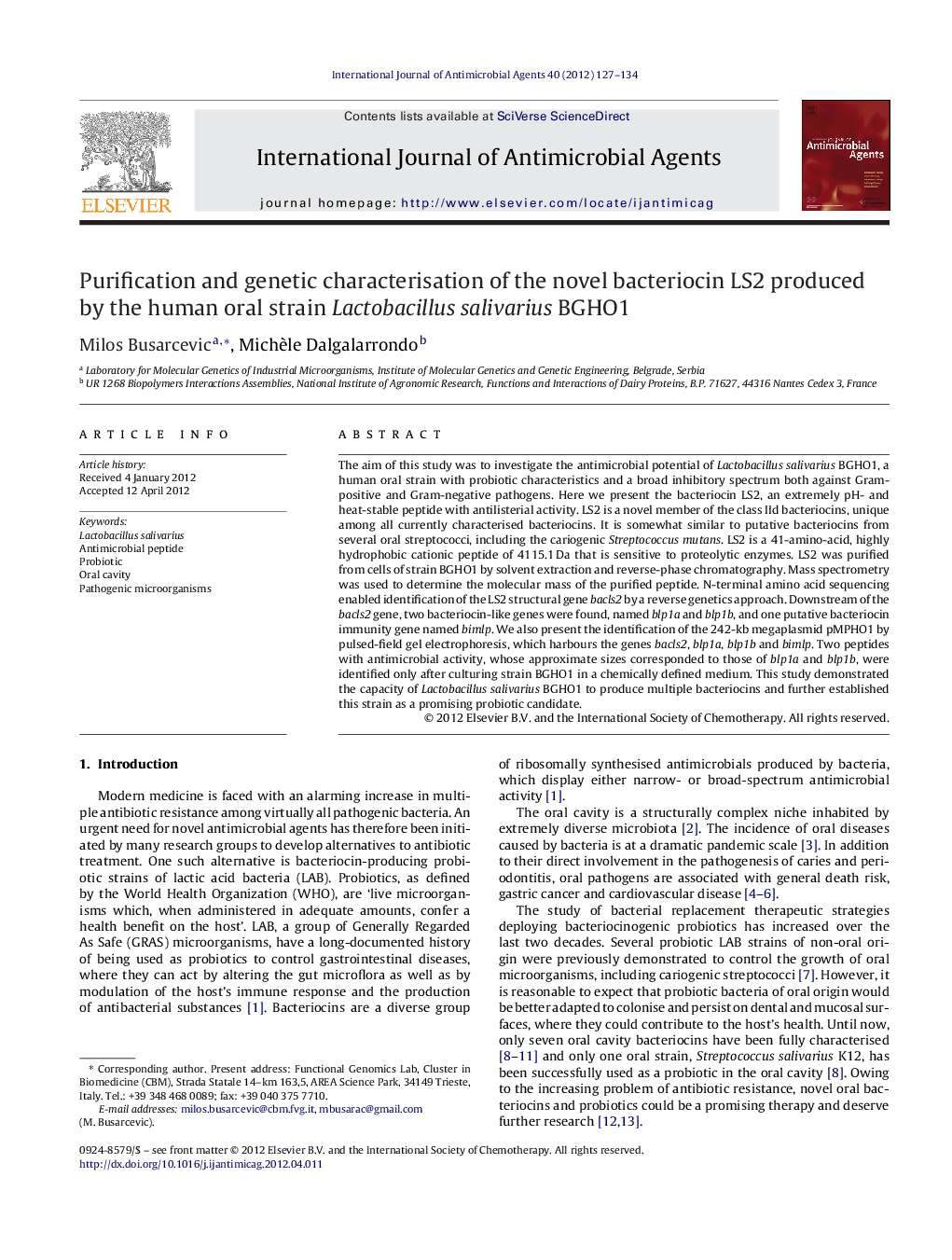 Purification and genetic characterisation of the novel bacteriocin LS2 produced by the human oral strain Lactobacillus salivarius BGHO1