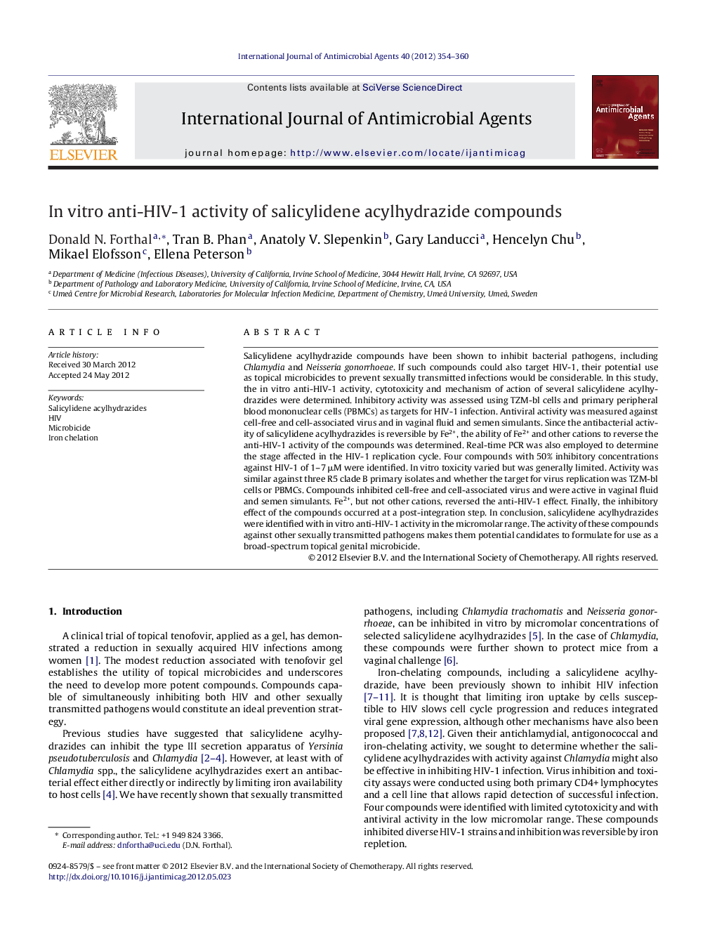 In vitro anti-HIV-1 activity of salicylidene acylhydrazide compounds