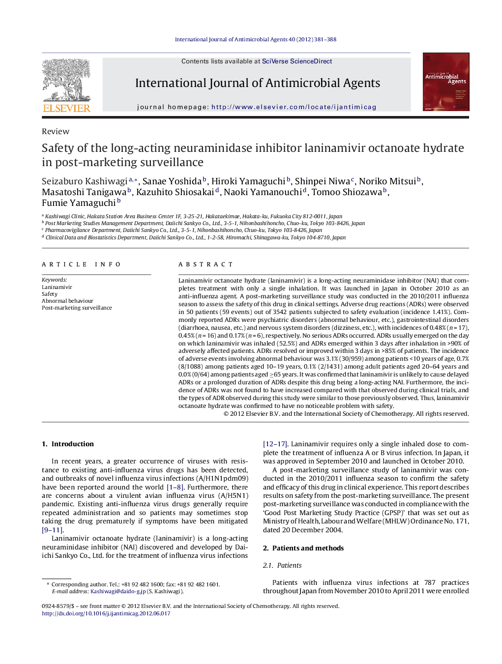 Safety of the long-acting neuraminidase inhibitor laninamivir octanoate hydrate in post-marketing surveillance