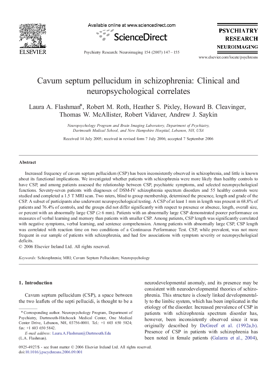 Cavum septum pellucidum in schizophrenia: Clinical and neuropsychological correlates