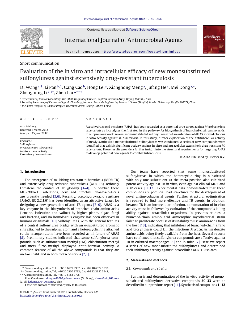 Evaluation of the in vitro and intracellular efficacy of new monosubstituted sulfonylureas against extensively drug-resistant tuberculosis