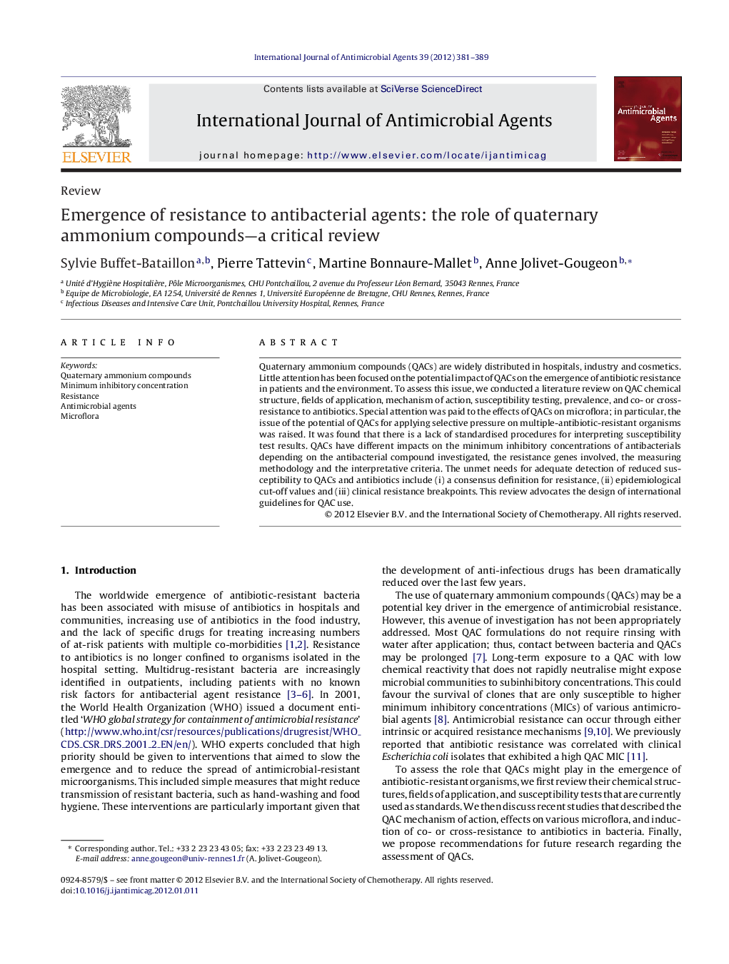 Emergence of resistance to antibacterial agents: the role of quaternary ammonium compounds—a critical review