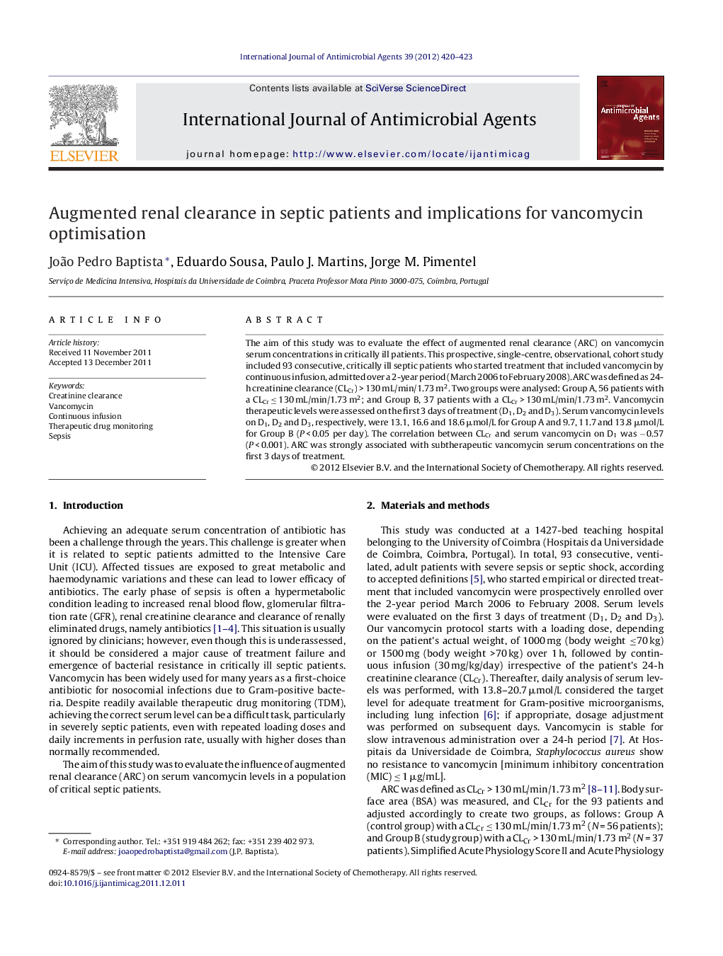 Augmented renal clearance in septic patients and implications for vancomycin optimisation