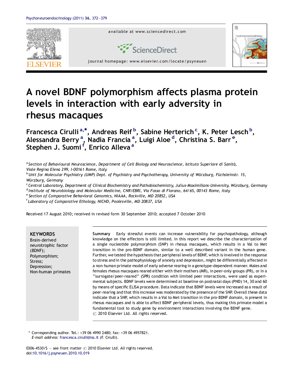 A novel BDNF polymorphism affects plasma protein levels in interaction with early adversity in rhesus macaques