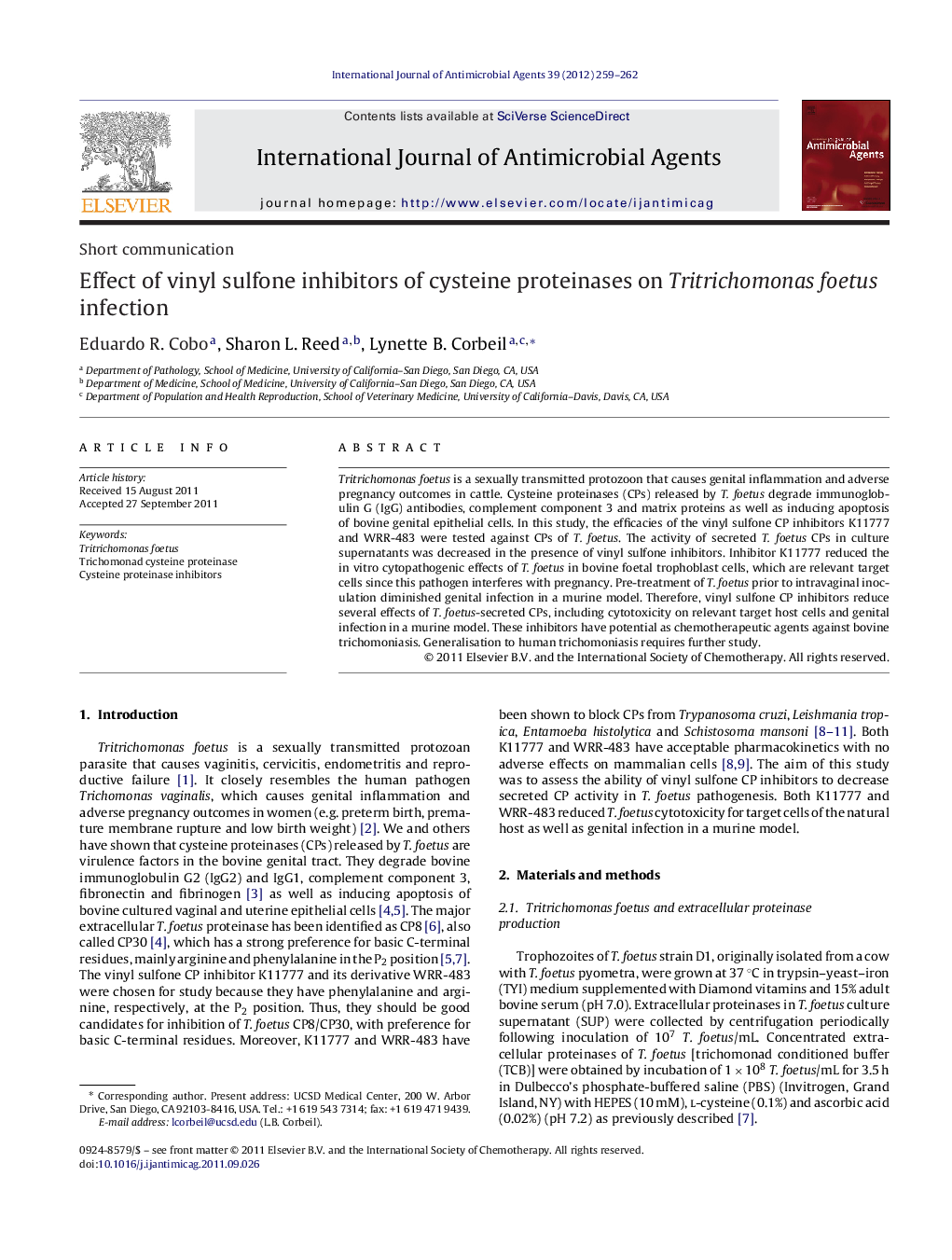 Effect of vinyl sulfone inhibitors of cysteine proteinases on Tritrichomonas foetus infection